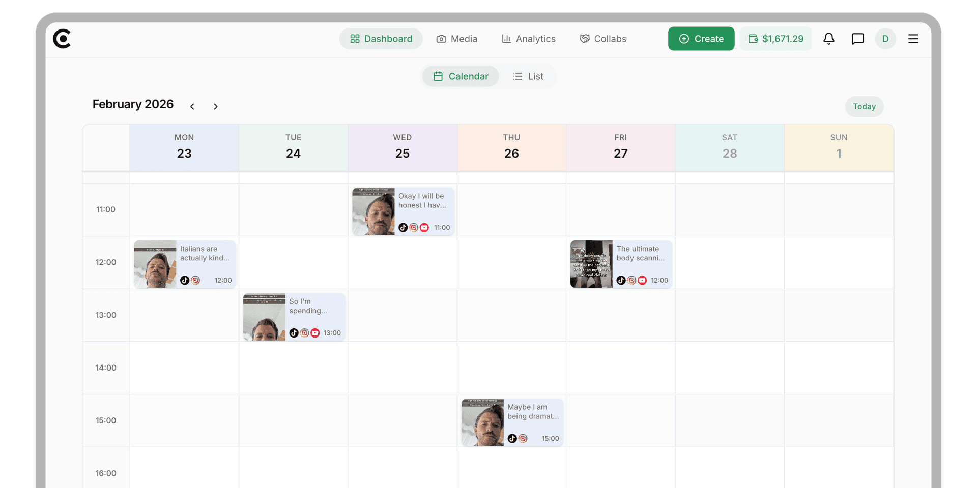 Crelio scheduling dashboard — manage UGC campaigns across every platform
